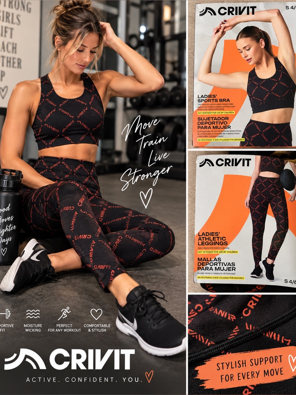 Women’s Black & Orange Logo Sports Bra and Leggings Set